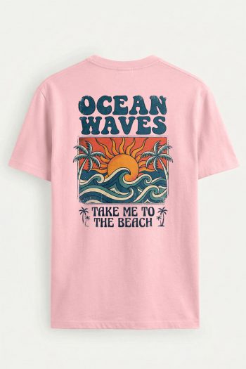 Ocean Waves Beach Poster,T-Shirt σε Ροζ Χρώμα