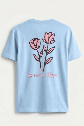 Pink Rose Line Art,T-Shirt σε Γαλάζιο Χρώμα