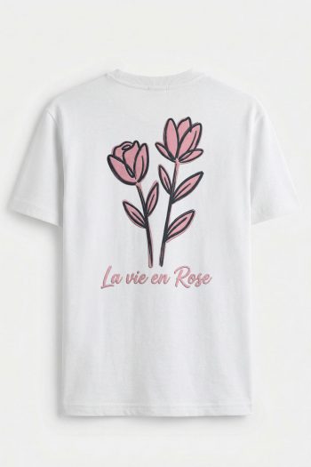 Pink Rose Line Art,T-Shirt σε Λευκό Χρώμα
