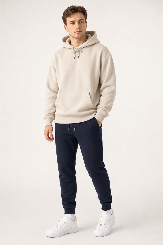 Ανδρικό Σετ Μπεζ Φούτερ με Κουκούλα & Navy Jogger