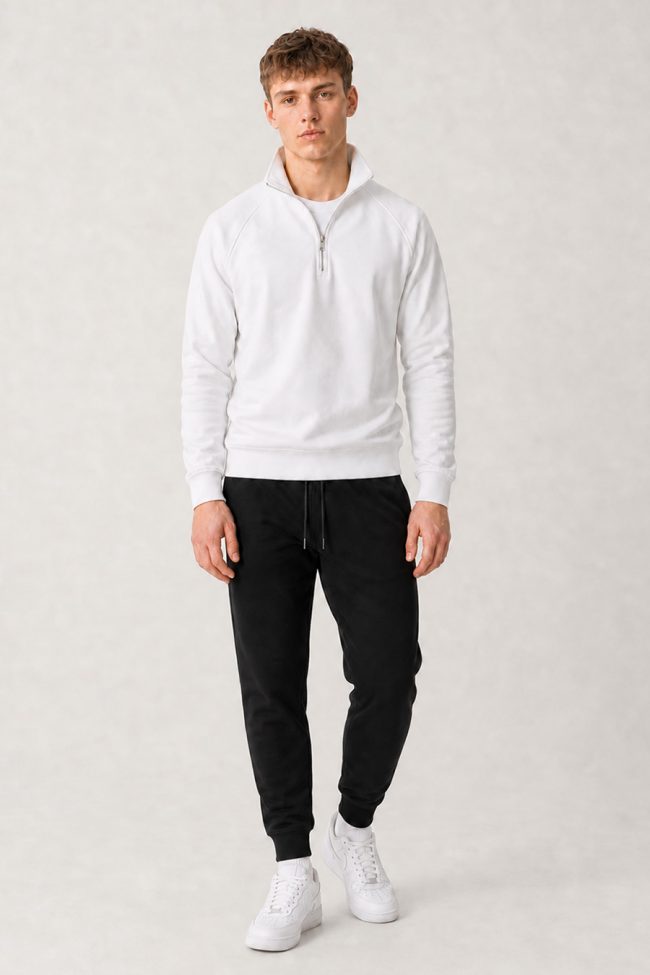 Ανδρικό Σετ Μαύρης Φόρμας & Λευκού Φούτερ Half-Zip