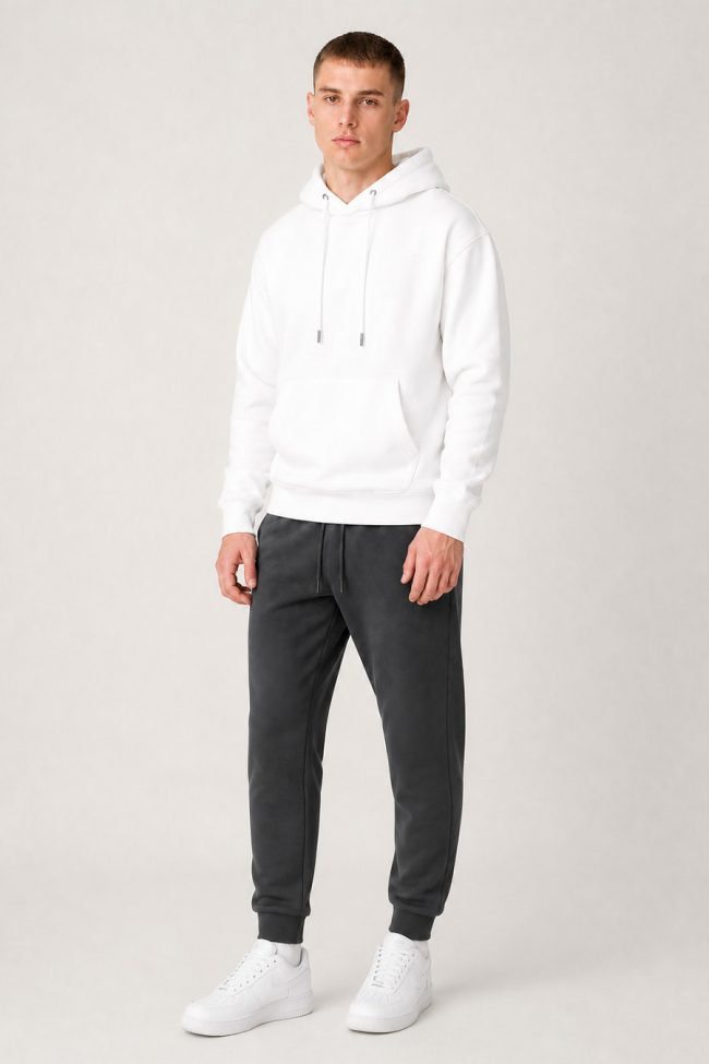 Ανδρικό Σετ Λευκό Φούτερ με Κουκούλα & Iron Gray Jogger