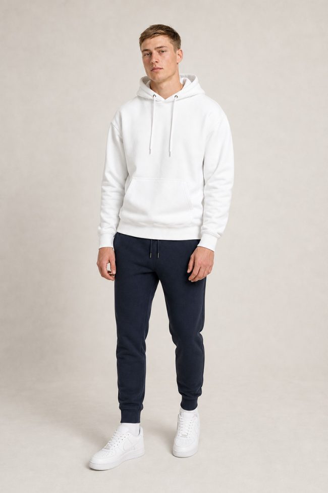 Ανδρικό Σετ Λευκό Φούτερ με Κουκούλα & Navy Jogger