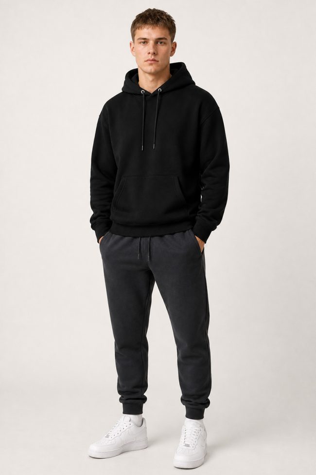 Ανδρικό Σετ Μαύρο Φούτερ με Κουκούλα & Iron Gray Jogger