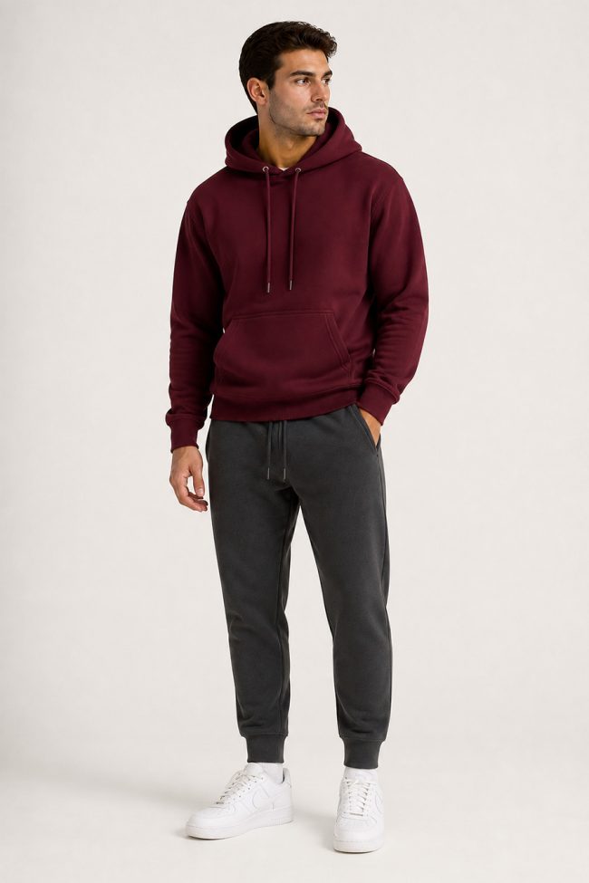 Ανδρικό Σετ Μπορντό Φούτερ με Κουκούλα & Iron Gray Jogger