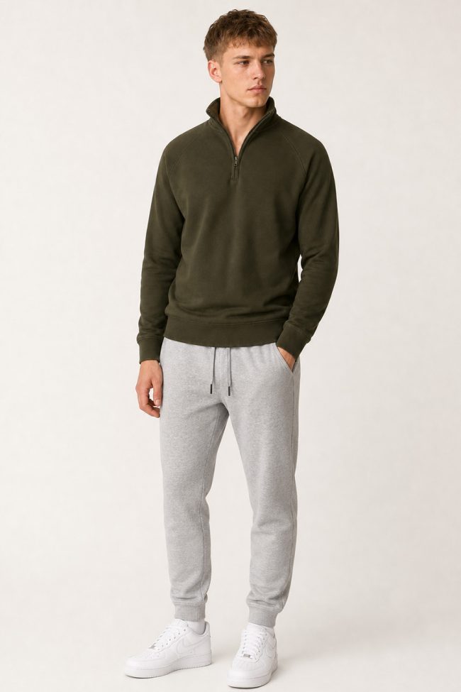 Ανδρικό Σετ Γκρι Φόρμας & Χακί Φούτερ Half-Zip