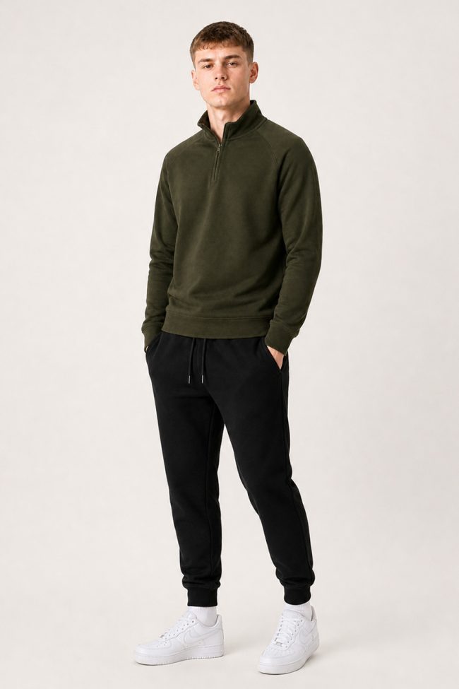 Ανδρικό Σετ Μαύρης Φόρμας & Χακί Φούτερ Half-Zip