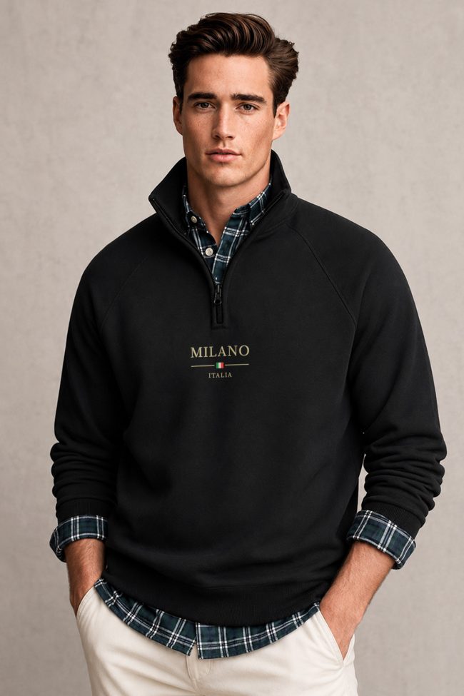 Milano Italia Flag, Φούτερ Half Zip σε Μαύρο Χρώμα