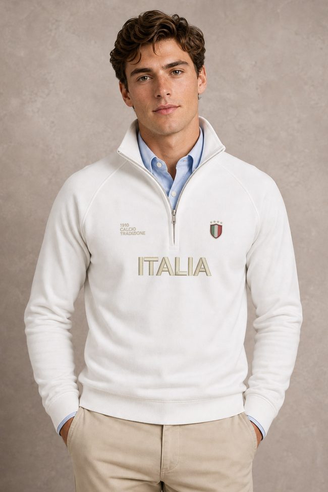 Italia Bold, Φούτερ Half Zip σε Λευκό Χρώμα